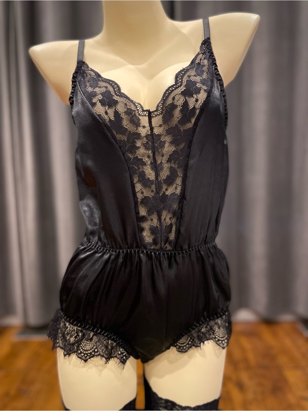 Black satin teddy bodysuit